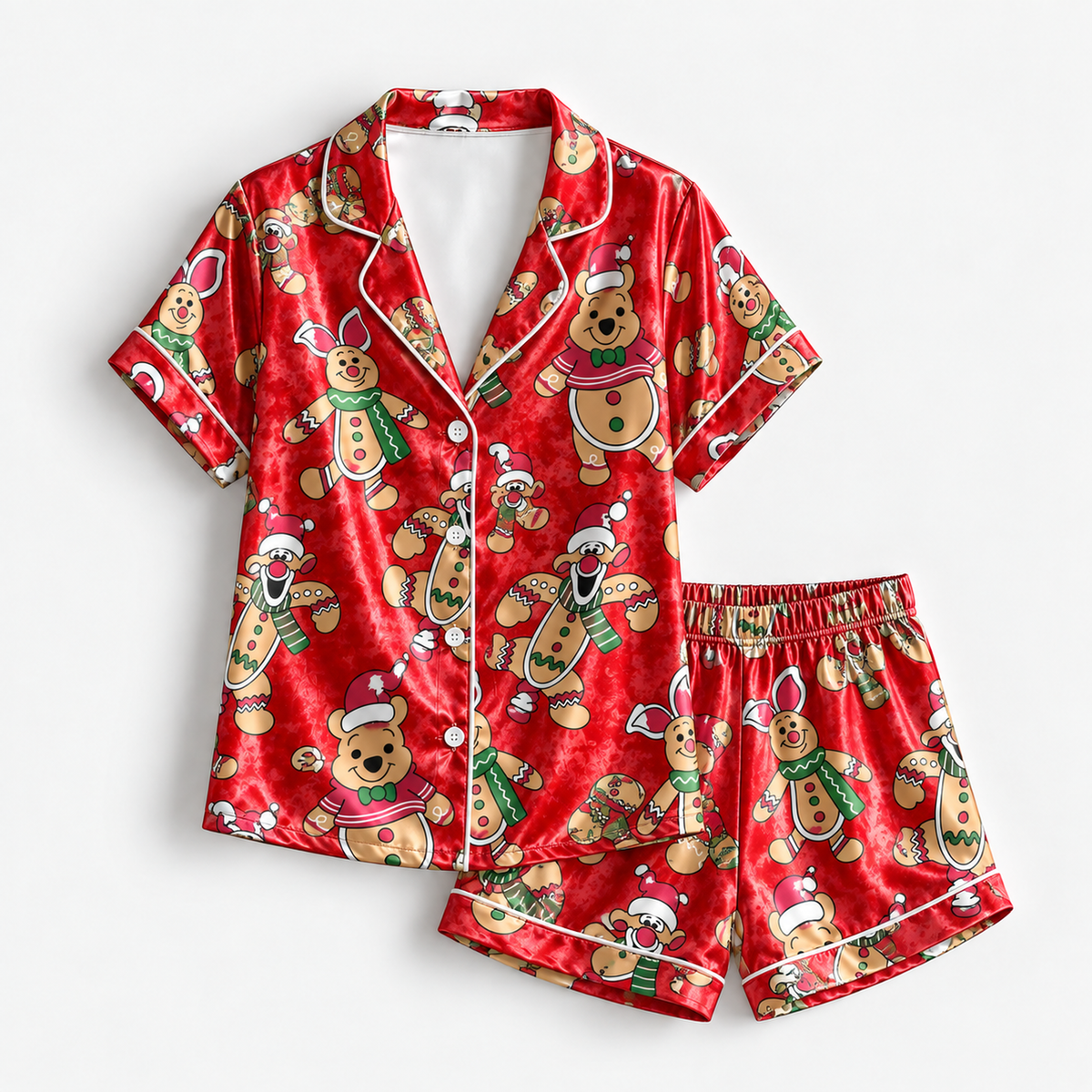 PJ-1903-Christmas Gingerbread Bear Satin Pajama Set, Red Festive Holiday Cookie Sleepwear Gift