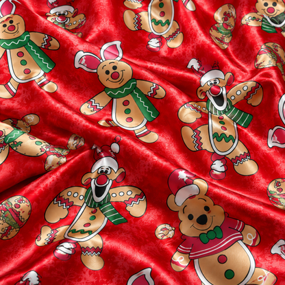 PJ-1903-Christmas Gingerbread Bear Satin Pajama Set, Red Festive Holiday Cookie Sleepwear Gift