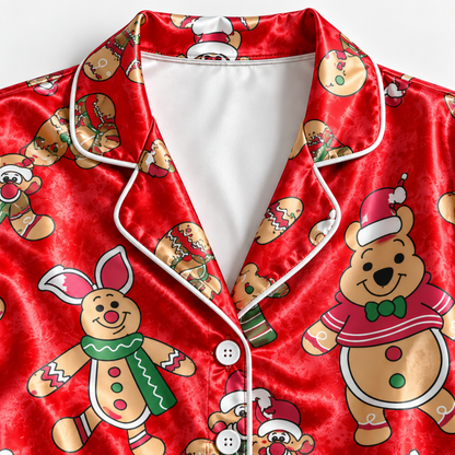 PJ-1903-Christmas Gingerbread Bear Satin Pajama Set, Red Festive Holiday Cookie Sleepwear Gift