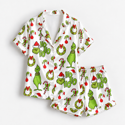 PJ-1909-Grinch Christmas Satin Pajama Set, Ho Ho Ho Candy Cane Wreath Holiday Sleepwear