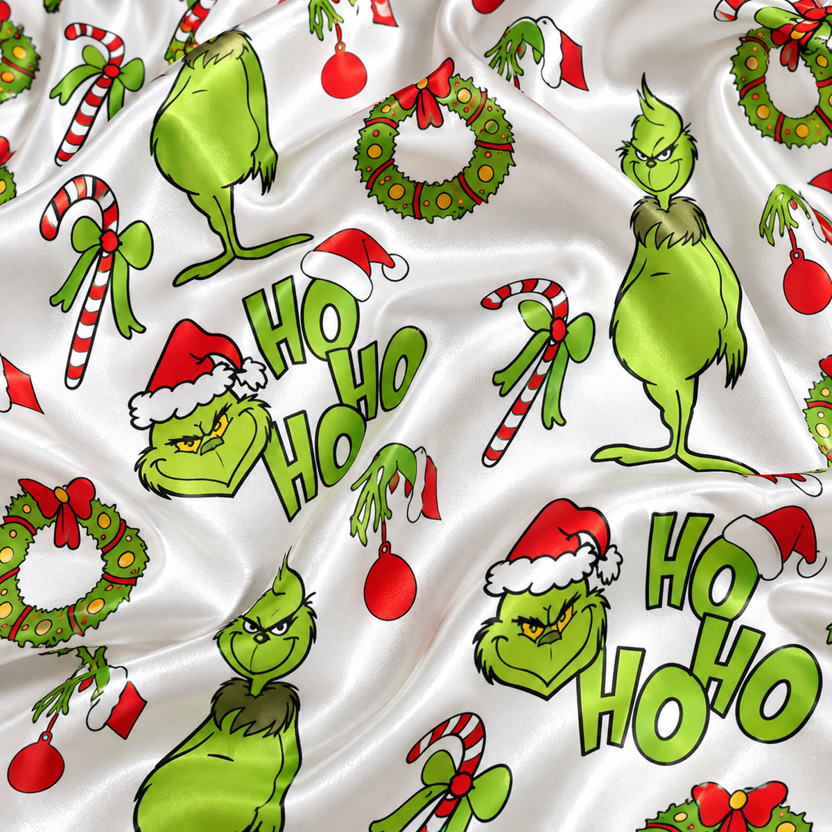 PJ-1909-Grinch Christmas Satin Pajama Set, Ho Ho Ho Candy Cane Wreath Holiday Sleepwear