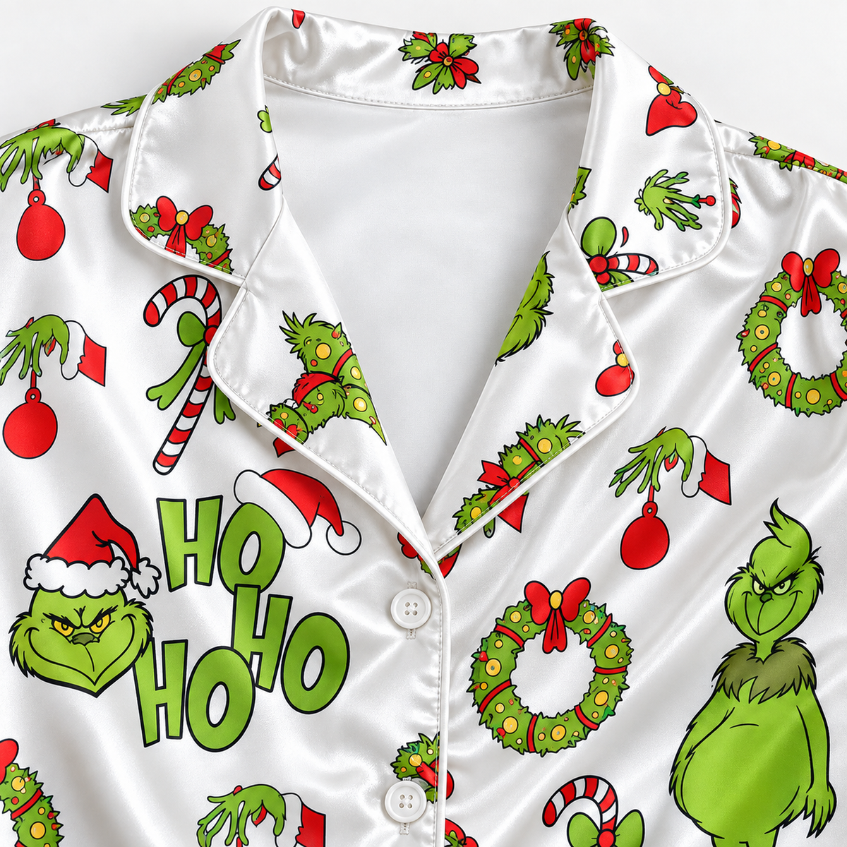 PJ-1909-Grinch Christmas Satin Pajama Set, Ho Ho Ho Candy Cane Wreath Holiday Sleepwear