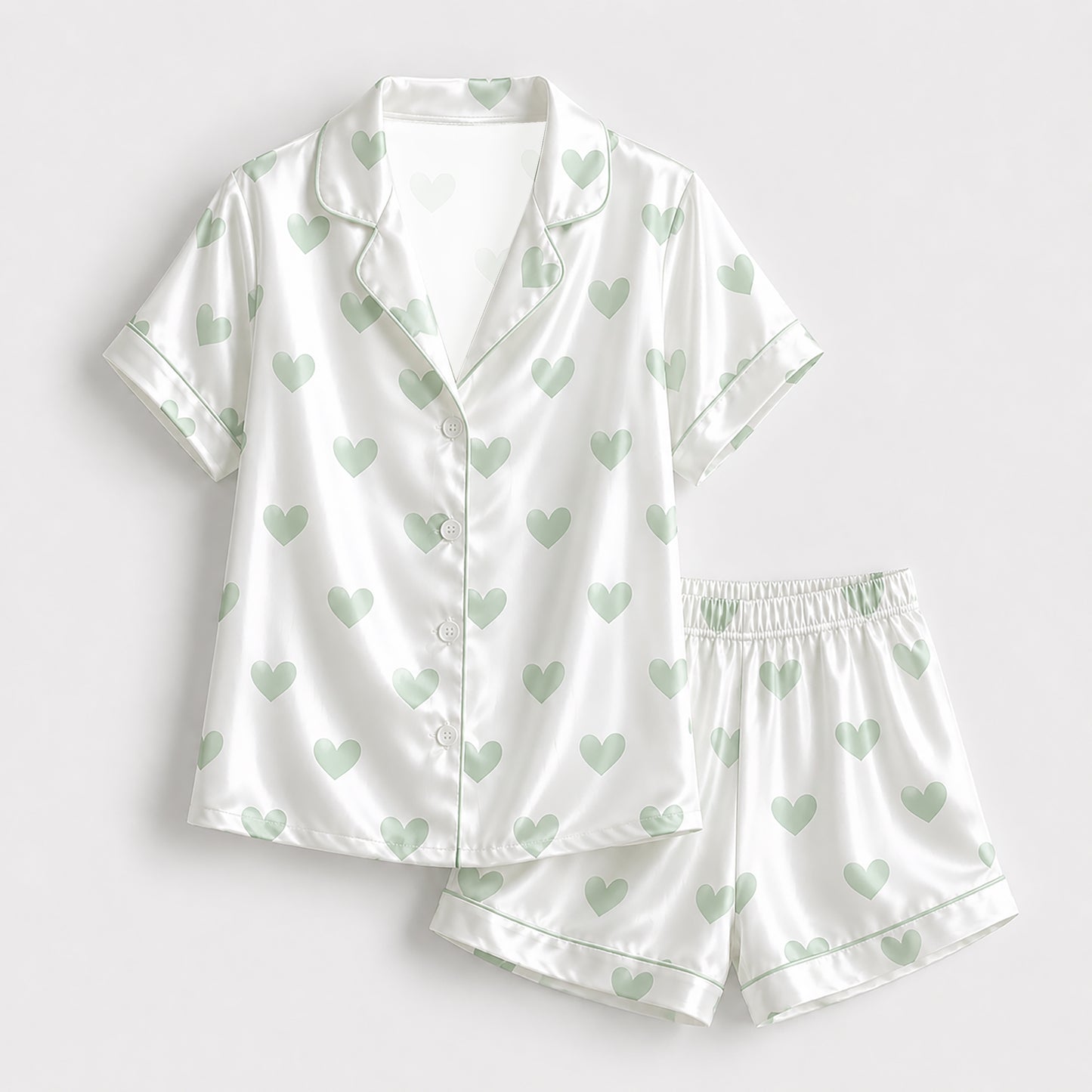 PJ-191-Heart Graphic Satin Pajama Set, White Multicolor Mint Green Valentine Loungewear Sleepwear Collection FREE SHIPING