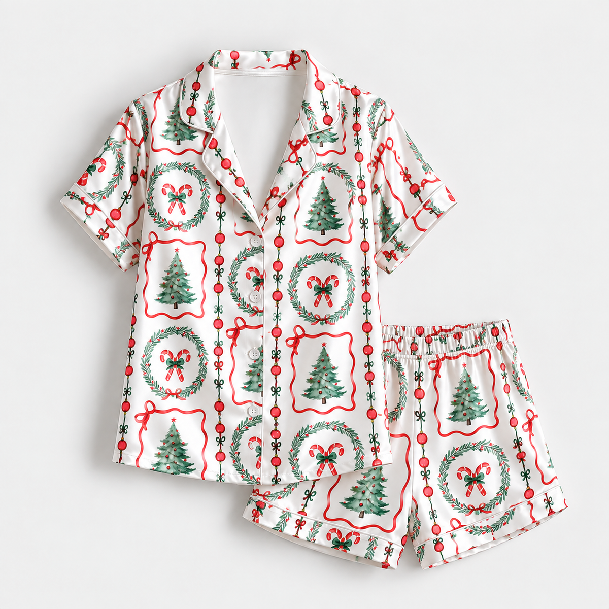 PJ-1912-Christmas Wreath Satin Pajama Set with Christmas Trees Candy Canes Bows Ornaments and Vintage Holiday Pattern for Cozy Sleepwear