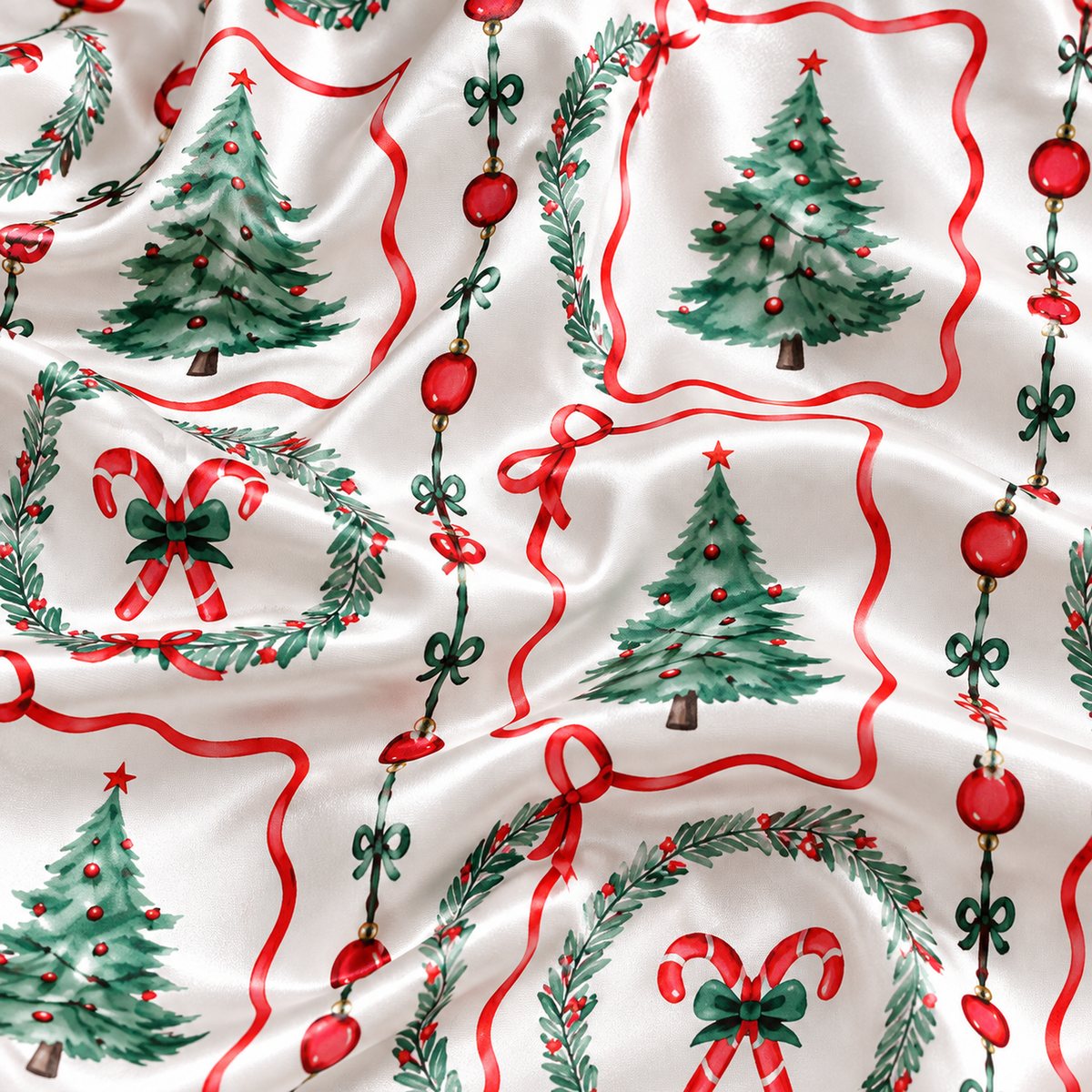 PJ-1912-Christmas Wreath Satin Pajama Set with Christmas Trees Candy Canes Bows Ornaments and Vintage Holiday Pattern for Cozy Sleepwear