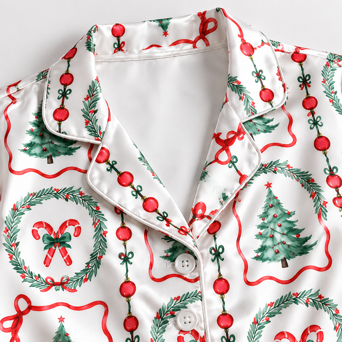 PJ-1912-Christmas Wreath Satin Pajama Set with Christmas Trees Candy Canes Bows Ornaments and Vintage Holiday Pattern for Cozy Sleepwear