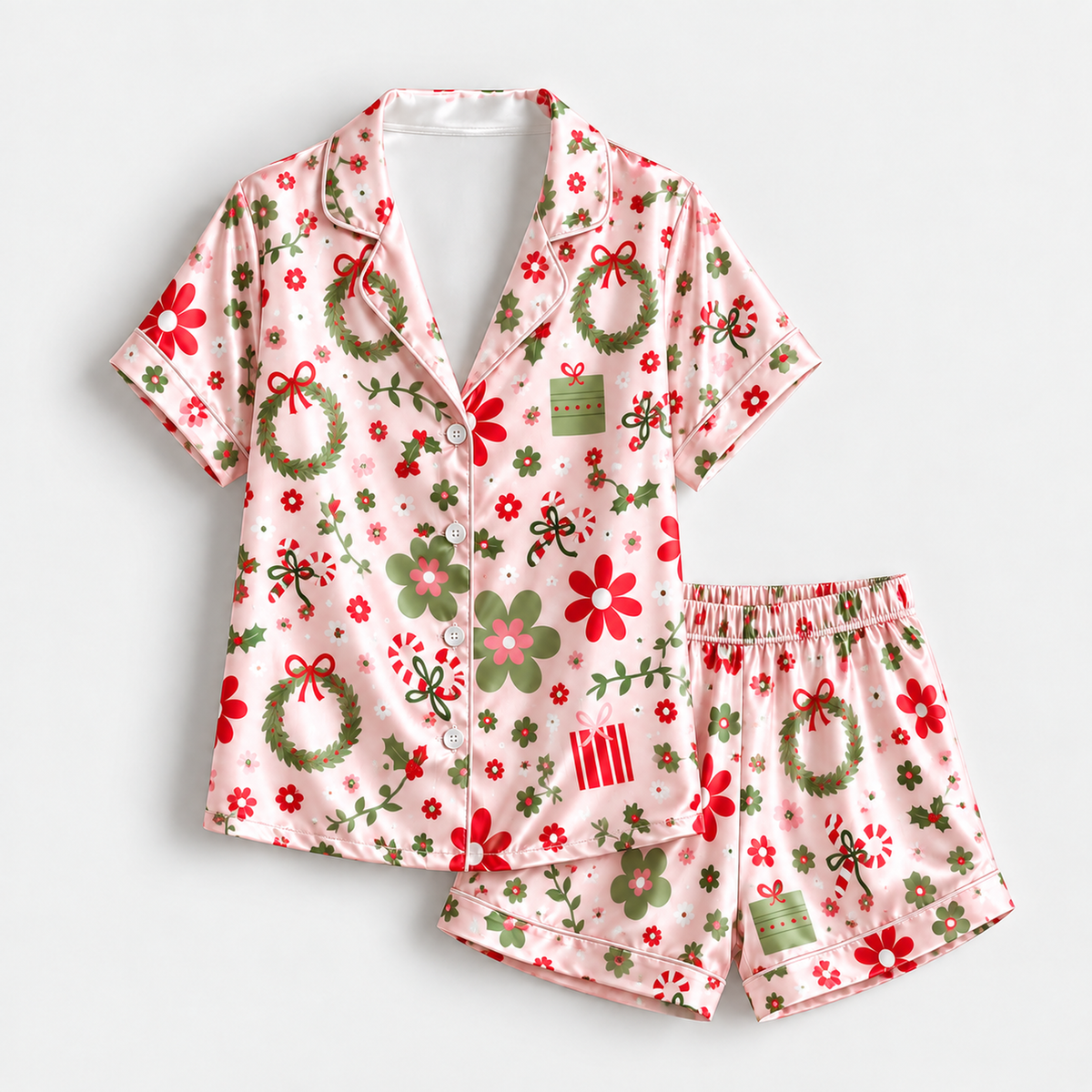 PJ-1914-Christmas Wreath Satin Pajama Set with Bows Flowers Gifts Candy Canes and Festive Botanical Holiday Pattern for Cozy Sleepwear