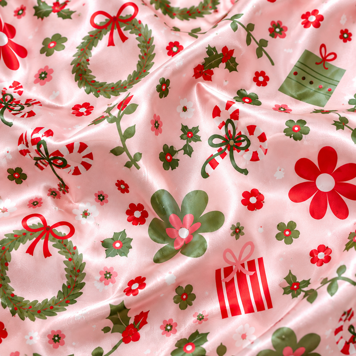 PJ-1914-Christmas Wreath Satin Pajama Set with Bows Flowers Gifts Candy Canes and Festive Botanical Holiday Pattern for Cozy Sleepwear