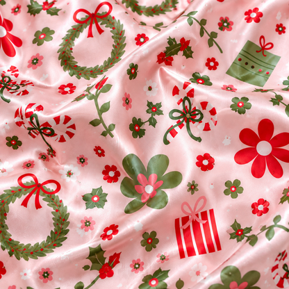 PJ-1914-Christmas Wreath Satin Pajama Set with Bows Flowers Gifts Candy Canes and Festive Botanical Holiday Pattern for Cozy Sleepwear