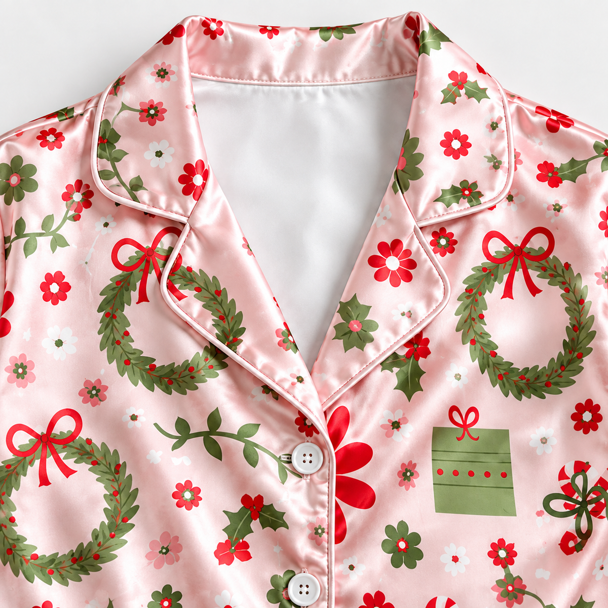 PJ-1914-Christmas Wreath Satin Pajama Set with Bows Flowers Gifts Candy Canes and Festive Botanical Holiday Pattern for Cozy Sleepwear