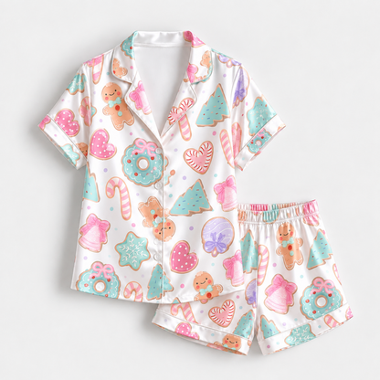 PJ-1915-Pastel Christmas Cookie Satin Pajama Set with Gingerbread Candy Canes Donuts Trees Hearts and Sweet Holiday Pattern for Cozy Sleepwear
