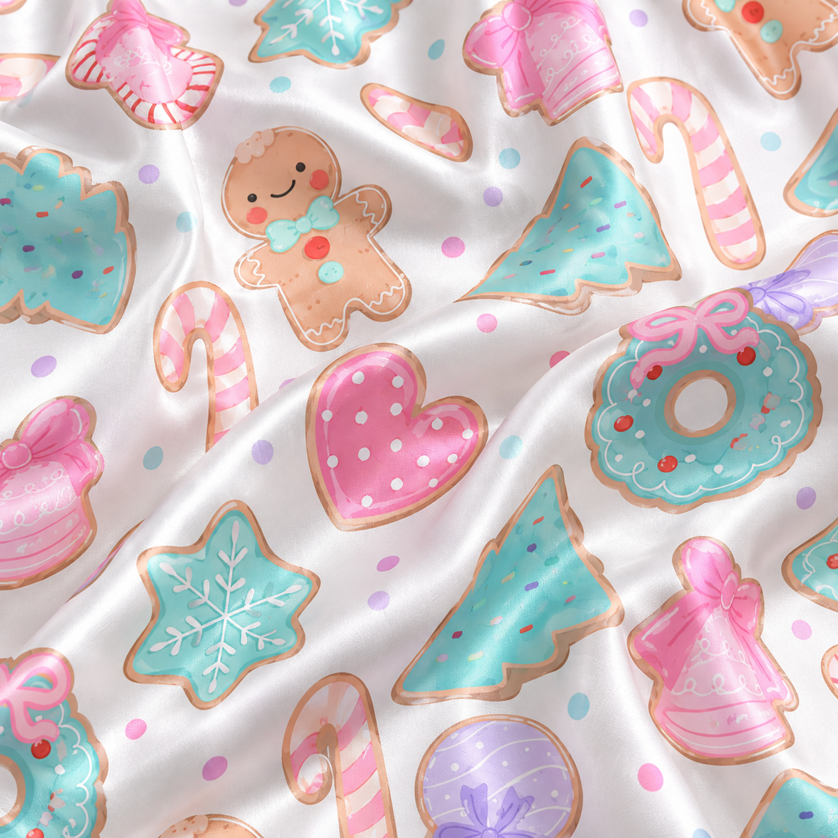 PJ-1915-Pastel Christmas Cookie Satin Pajama Set with Gingerbread Candy Canes Donuts Trees Hearts and Sweet Holiday Pattern for Cozy Sleepwear