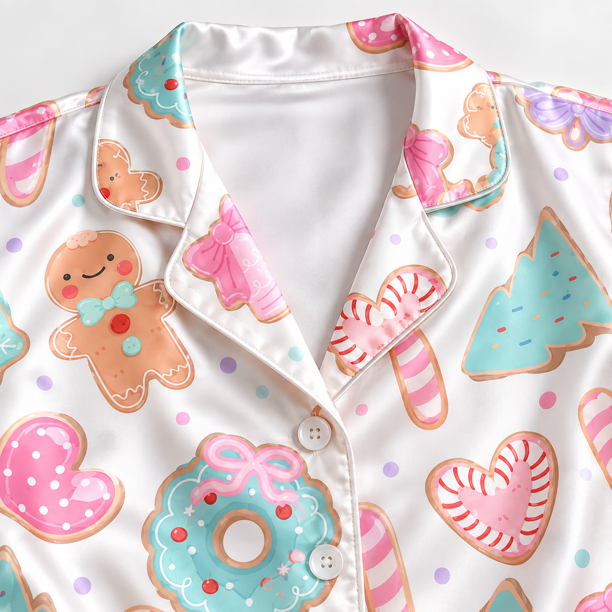 PJ-1915-Pastel Christmas Cookie Satin Pajama Set with Gingerbread Candy Canes Donuts Trees Hearts and Sweet Holiday Pattern for Cozy Sleepwear
