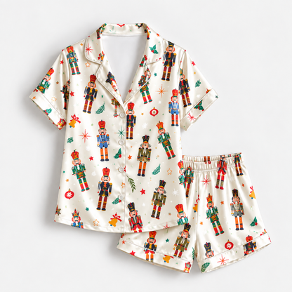 PJ-1916-Nutcracker Christmas Satin Pajama Set with Colorful Toy Soldiers Trees Stars and Festive Holiday Pattern for Cozy Sleepwear
