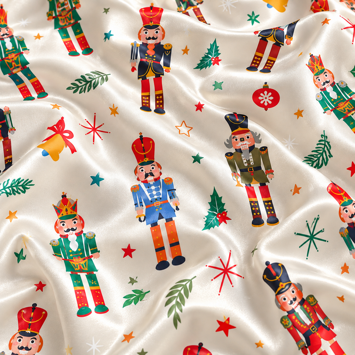PJ-1916-Nutcracker Christmas Satin Pajama Set with Colorful Toy Soldiers Trees Stars and Festive Holiday Pattern for Cozy Sleepwear