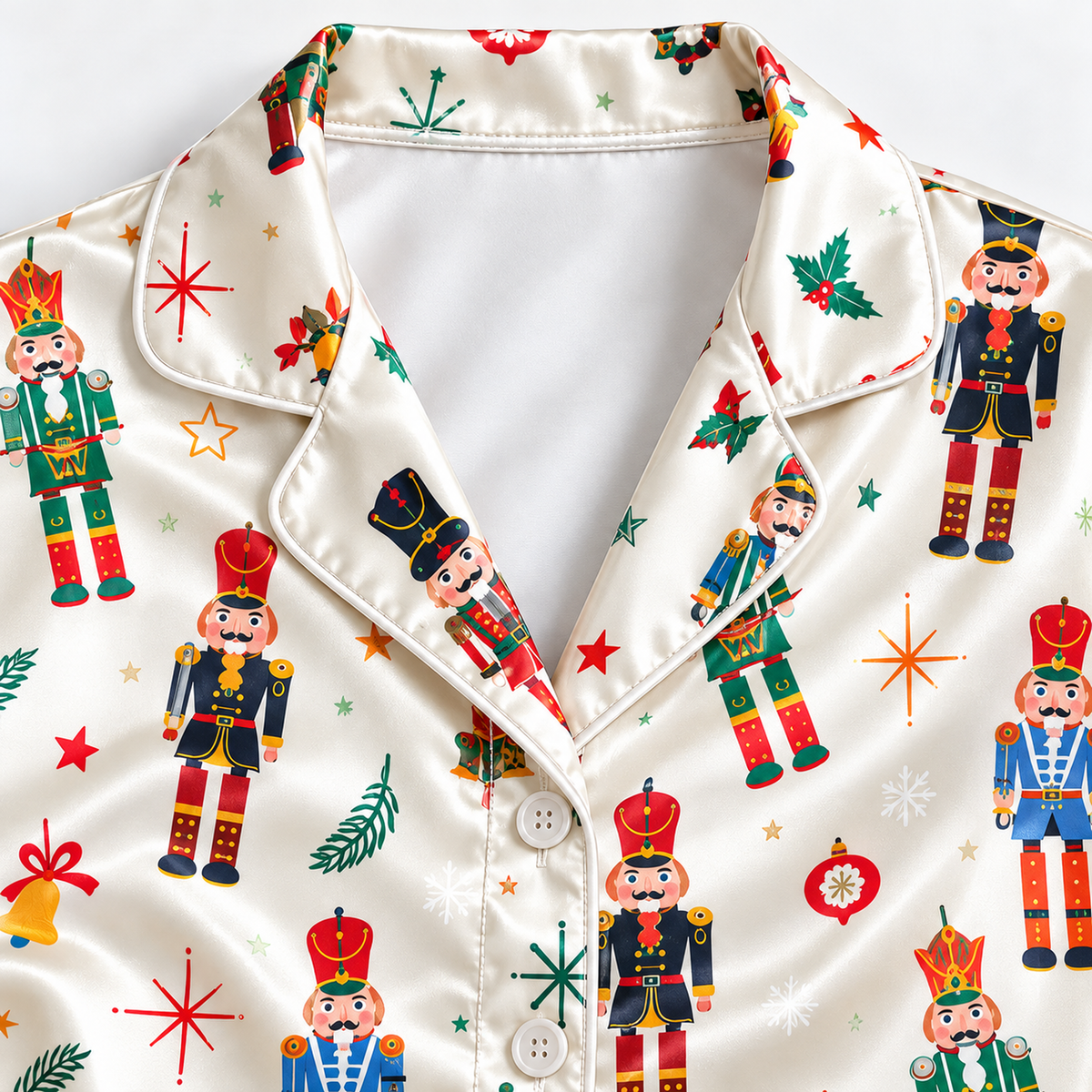 PJ-1916-Nutcracker Christmas Satin Pajama Set with Colorful Toy Soldiers Trees Stars and Festive Holiday Pattern for Cozy Sleepwear