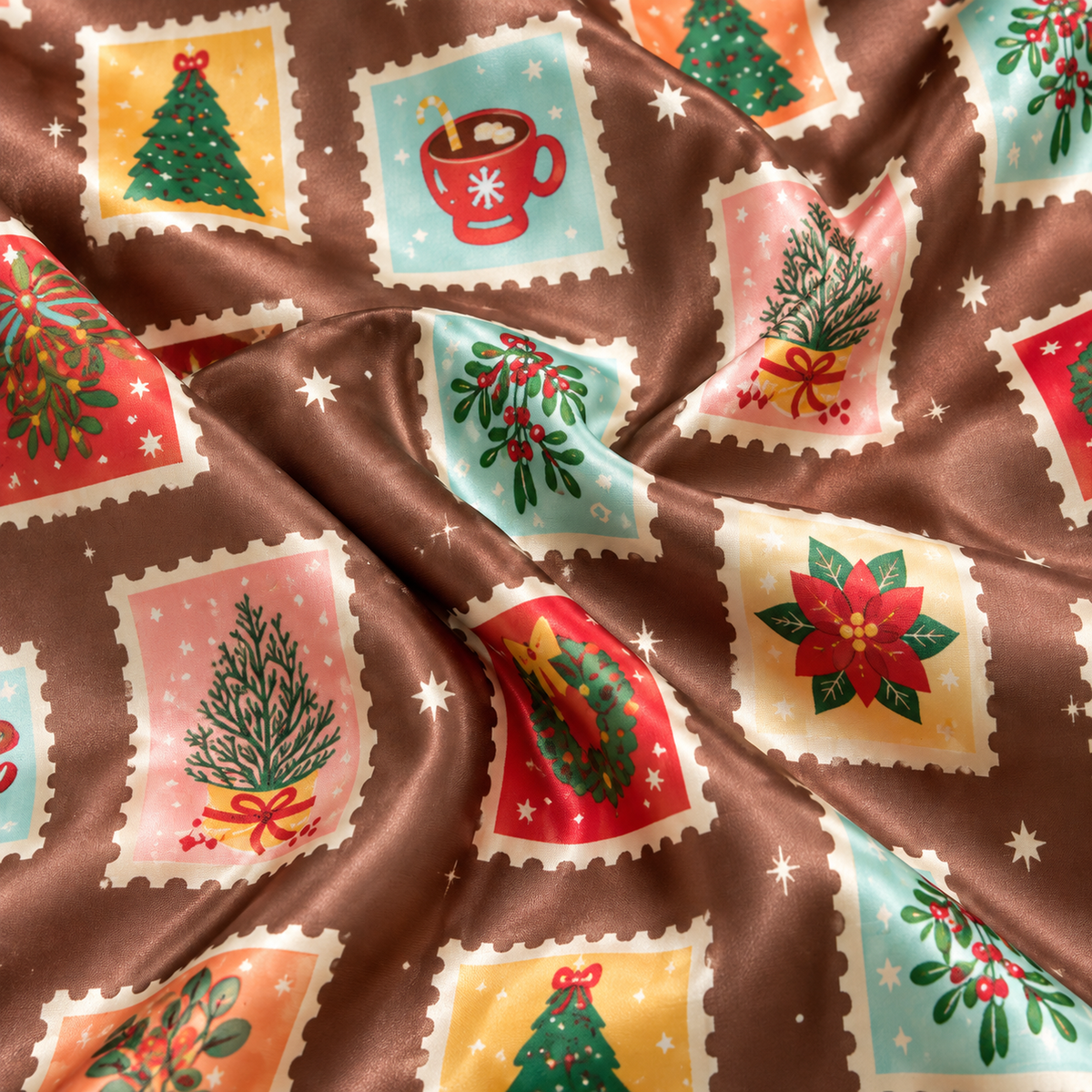 PJ-1917-Christmas Postage Stamp Satin Pajama Set with Trees Gingerbread Wreaths Poinsettias and Vintage Holiday Pattern for Cozy Sleepwear