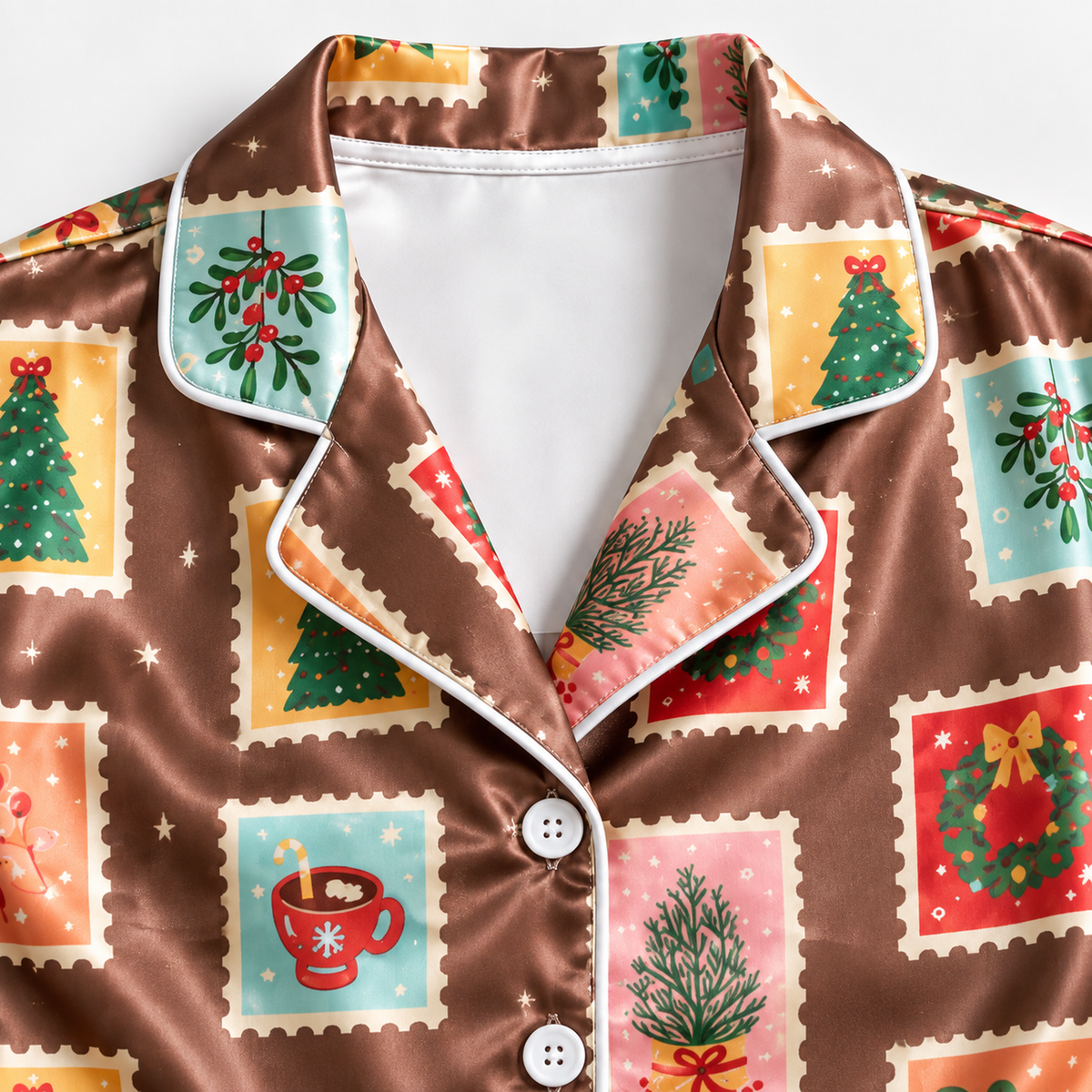 PJ-1917-Christmas Postage Stamp Satin Pajama Set with Trees Gingerbread Wreaths Poinsettias and Vintage Holiday Pattern for Cozy Sleepwear