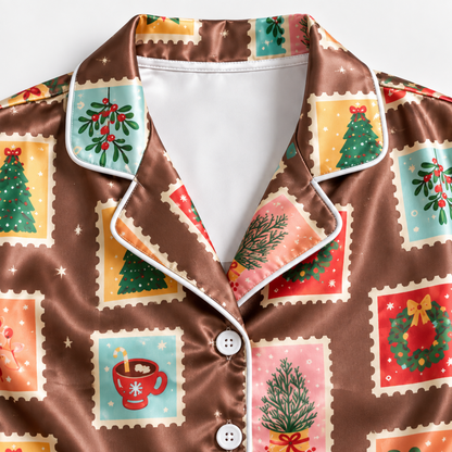 PJ-1917-Christmas Postage Stamp Satin Pajama Set with Trees Gingerbread Wreaths Poinsettias and Vintage Holiday Pattern for Cozy Sleepwear