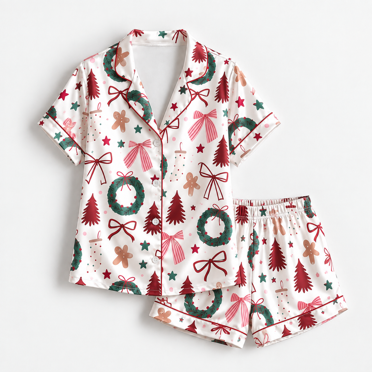 PJ-1918-Christmas Bow Satin Pajama Set with Wreaths Gingerbread Trees Stars and Festive Holiday Pattern for Cozy Sleepwear