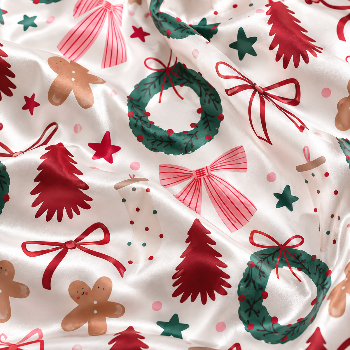PJ-1918-Christmas Bow Satin Pajama Set with Wreaths Gingerbread Trees Stars and Festive Holiday Pattern for Cozy Sleepwear