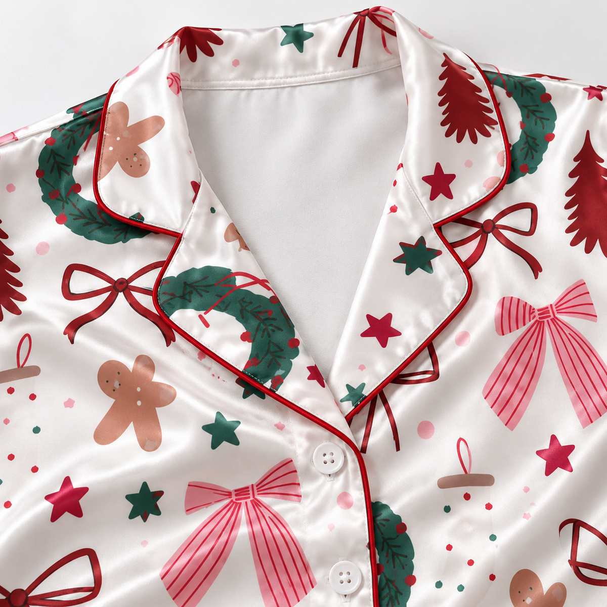 PJ-1918-Christmas Bow Satin Pajama Set with Wreaths Gingerbread Trees Stars and Festive Holiday Pattern for Cozy Sleepwear