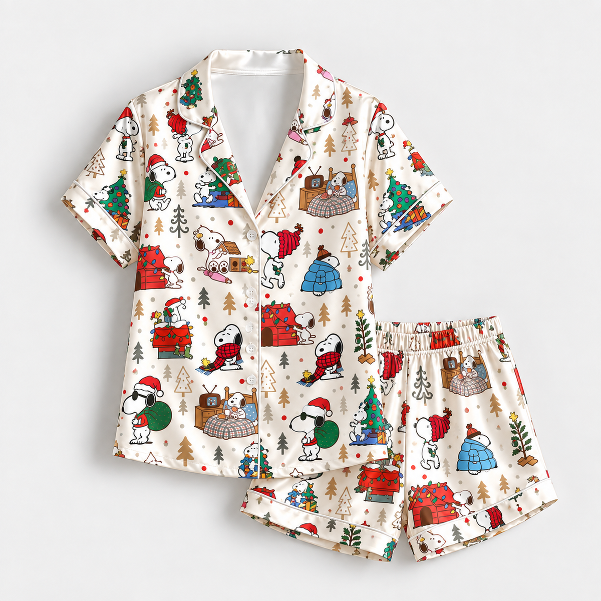 PJ-1919-Snoopy Christmas Adventures Satin Pajama Set, Peanuts Holiday Cartoon Festive Sleepwear