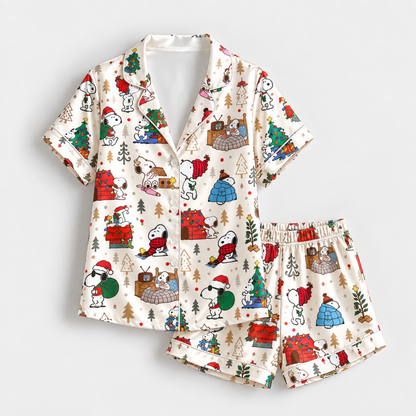 PJ-1919-Snoopy Christmas Adventures Satin Pajama Set, Peanuts Holiday Cartoon Festive Sleepwear