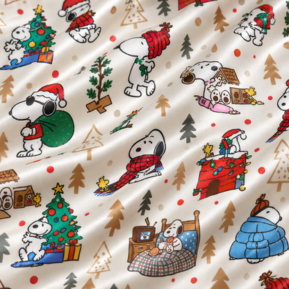 PJ-1919-Snoopy Christmas Adventures Satin Pajama Set, Peanuts Holiday Cartoon Festive Sleepwear
