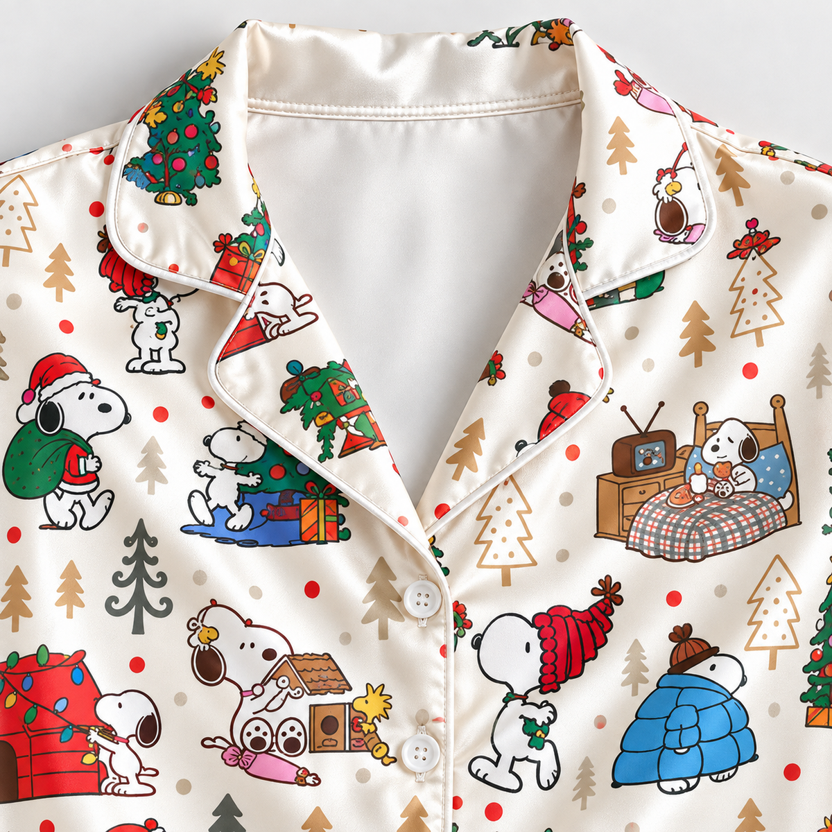 PJ-1919-Snoopy Christmas Adventures Satin Pajama Set, Peanuts Holiday Cartoon Festive Sleepwear