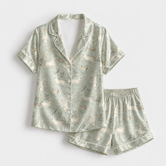 PJ-192-Soft Rabbit Satin Sleepwear Set With Leafy Floral Print And Comfortable Matching Pajama Bottoms FREE SHIPPING