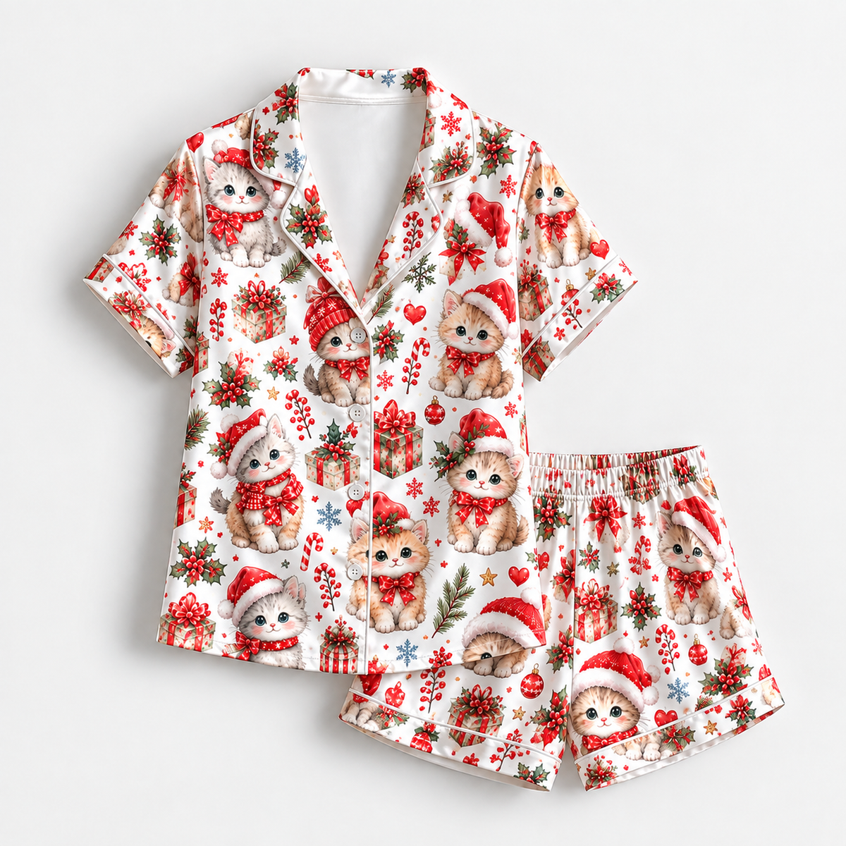 PJ-1921-Christmas Kitten Satin Pajama Set, Santa Hat Snowflake Gift Festive Holiday Sleepwear