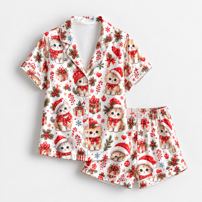 PJ-1921-Christmas Kitten Satin Pajama Set, Santa Hat Snowflake Gift Festive Holiday Sleepwear