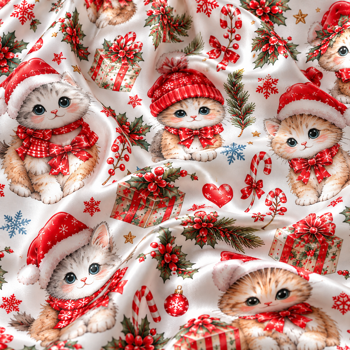 PJ-1921-Christmas Kitten Satin Pajama Set, Santa Hat Snowflake Gift Festive Holiday Sleepwear
