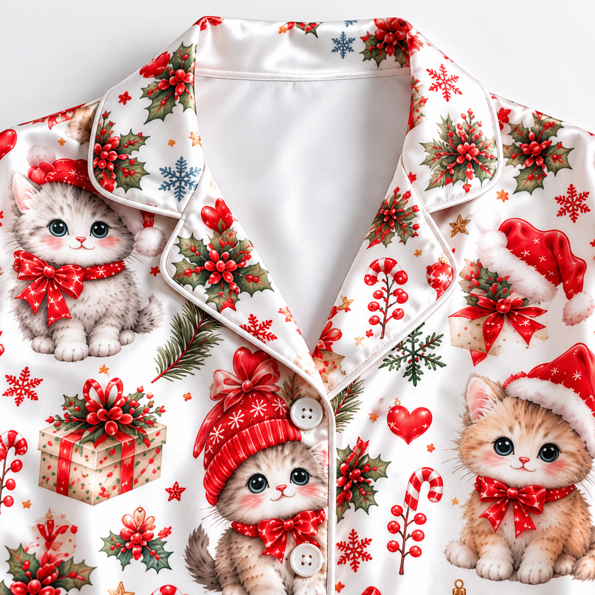 PJ-1921-Christmas Kitten Satin Pajama Set, Santa Hat Snowflake Gift Festive Holiday Sleepwear