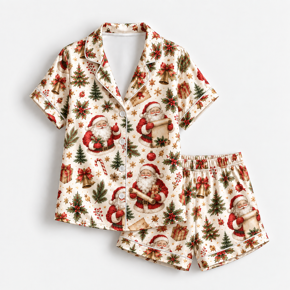 PJ-1922-Vintage Santa Christmas Satin Pajama Set, Christmas Tree Holly Bow Festive Holiday Sleepwear