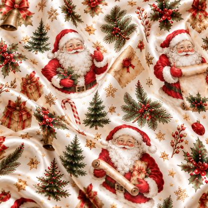 PJ-1922-Vintage Santa Christmas Satin Pajama Set, Christmas Tree Holly Bow Festive Holiday Sleepwear