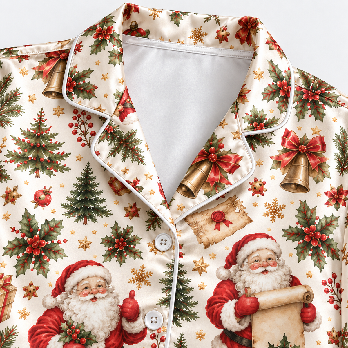 PJ-1922-Vintage Santa Christmas Satin Pajama Set, Christmas Tree Holly Bow Festive Holiday Sleepwear