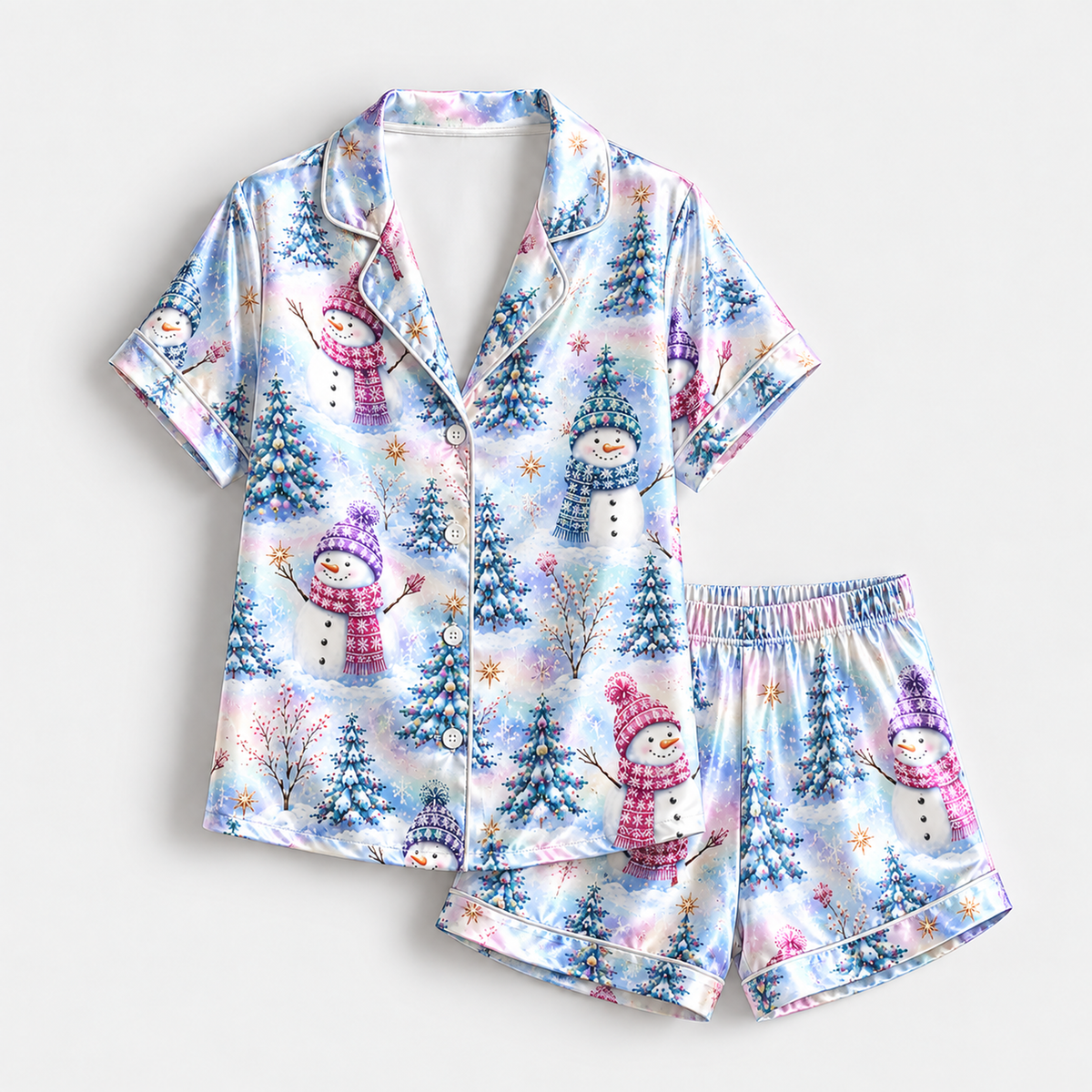 PJ-1923-Pastel Snowman Christmas Satin Pajama Set, Winter Tree Snowflake Festive Holiday Sleepwear