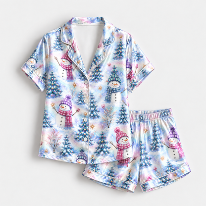 PJ-1923-Pastel Snowman Christmas Satin Pajama Set, Winter Tree Snowflake Festive Holiday Sleepwear
