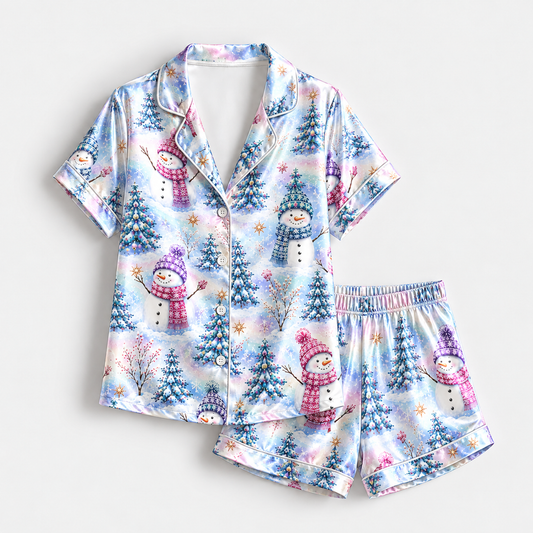 PJ-1923-Pastel Snowman Christmas Satin Pajama Set, Winter Tree Snowflake Festive Holiday Sleepwear