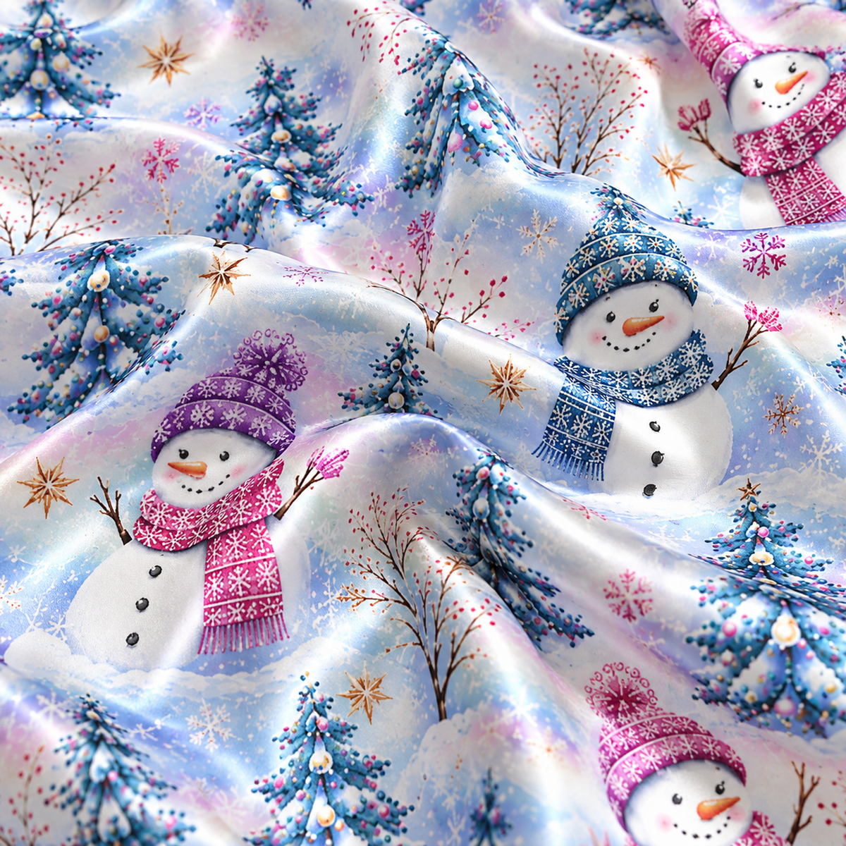 PJ-1923-Pastel Snowman Christmas Satin Pajama Set, Winter Tree Snowflake Festive Holiday Sleepwear