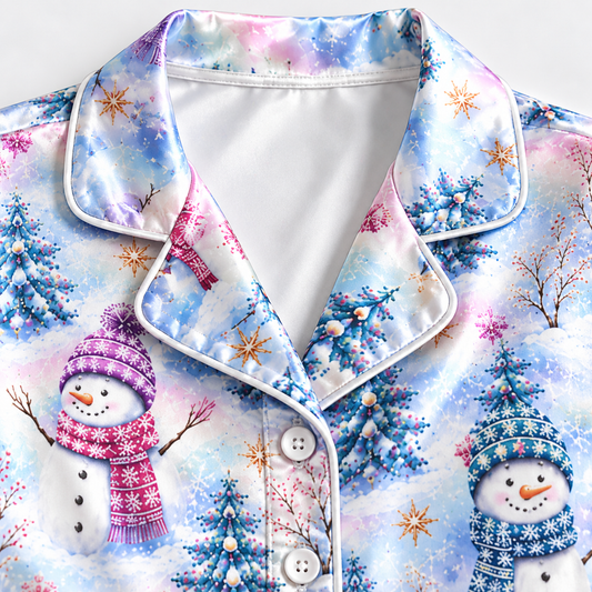 PJ-1923-Pastel Snowman Christmas Satin Pajama Set, Winter Tree Snowflake Festive Holiday Sleepwear
