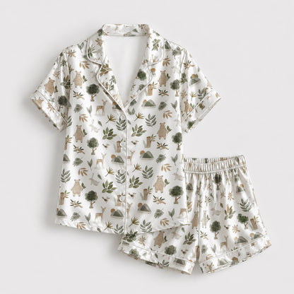 PJ-193-Forest Animal Satin Sleepwear Set With Bear Deer Leaves And Comfortable Matching Pajama Bottoms FREE SHIPING