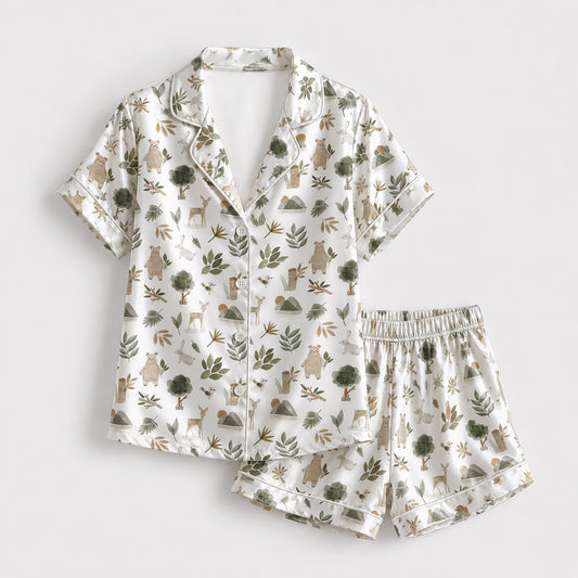 PJ-193-Forest Animal Satin Sleepwear Set With Bear Deer Leaves And Comfortable Matching Pajama Bottoms FREE SHIPPING