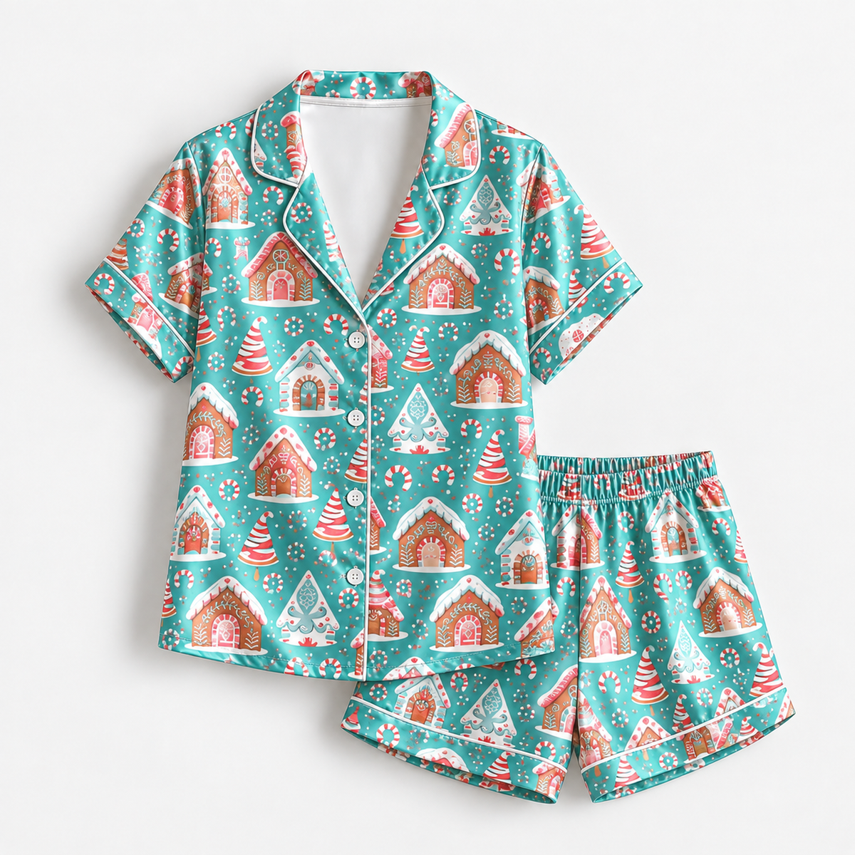 PJ-1930-Gingerbread Village Christmas Satin Pajama Set, Candy Cane Snowflake Tree Festive Holiday Sleepwear