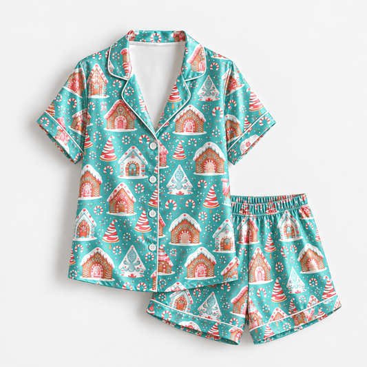 PJ-1930-Gingerbread Village Christmas Satin Pajama Set, Candy Cane Snowflake Tree Festive Holiday Sleepwear