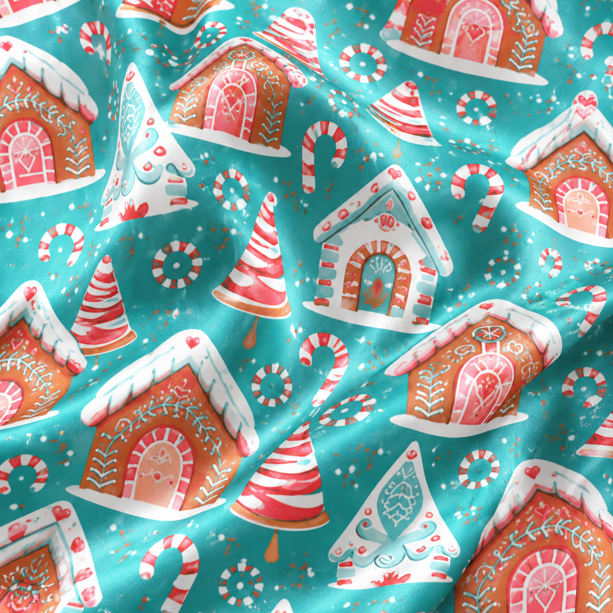 PJ-1930-Gingerbread Village Christmas Satin Pajama Set, Candy Cane Snowflake Tree Festive Holiday Sleepwear