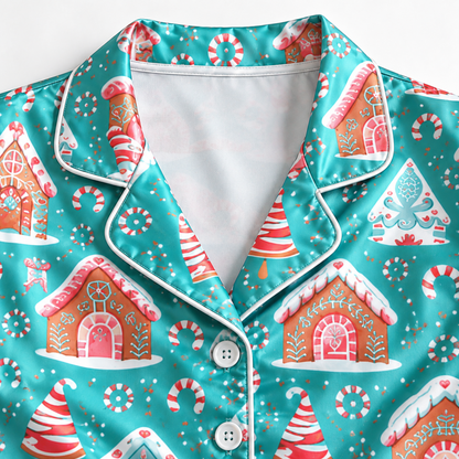 PJ-1930-Gingerbread Village Christmas Satin Pajama Set, Candy Cane Snowflake Tree Festive Holiday Sleepwear