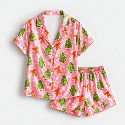 PJ-1932-Pink Christmas Tree Satin Pajama Set, Gingerbread Bow Festive Holiday Cozy Sleepwear